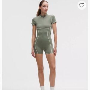 lululemon athletica Olive Green Short-Sleeve Romper with Contrast Piping